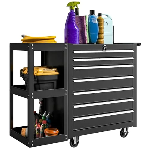 Offerta a tempo: HOMCOM Carrello Porta Attrezzi in Acciaio con Serratura, Carrello Portautensili da Officina con 7 Cassetti, Mensola Laterale Staccabile, Ruote, Maniglia, Capacità 120kg, Nero - 0.00% da 174.95 € a 174.95 €