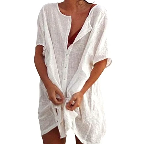 Offerta a tempo: Generico Copricostume Bianco,Copricostume Donna Mare in Lino Vestiti Estivi Leggero e Traspirante Abito Donna Tinta Unita,Bianco,S - 0.00% da 15.98 € a 15.98 €