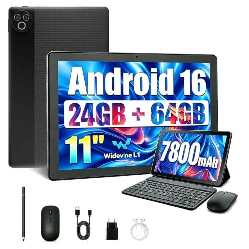 Offerta a tempo: MUTSAY Tablet 11 Pollici Android 16 Tablet PC da 24 GB RAM 64 GB ROM 1 TB TF Espandibile IPS 1280x800 Batteria 7800 mAh Wi-Fi 6 BT 5.4 Custodia Tastiera Mouse Penna Cuffie (Nero) - 32% da 139.99 € a 94.99 €