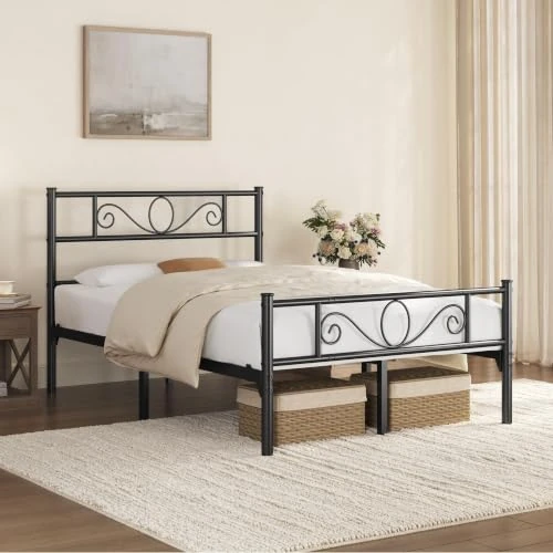 Offre limitée : Yaheetech Cadre de lit Double en Fer forgé à Lattes, Structure de lit en métal pour Matelas, 120 x 190 cm, tête de lit élégante Style Moderne, Noir de 102.99 € à 45.99 € (55.35% de remise)