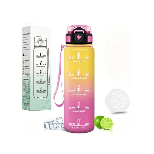 Limited-time offer: Motswedi Drinking Bottle, 1 Litre, Suitable for Carbonated Drinks, with Time Marking and Filter, Water Bottle, Leak-Proof, Sports Bottle, for Hiking, Gym, Yoga, Outdoor, Yellow & Pink from $28.45 to $28.45 (save 0.00%)