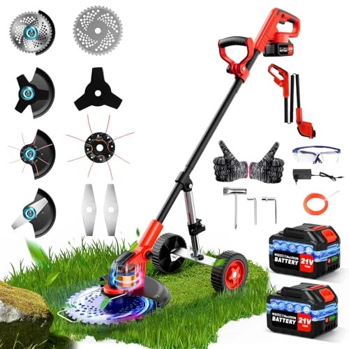 Offerta a tempo: Decespugliatore a Batteria, Tagliabordi a Batteria 30 cm con Motore Anteriore Brushless, 2 x 3000mAh, 20000 Giri/min, 4 Lame, Asta Regolabile, per Prato, Erba Alta, Bordi e Giardino - 36% da 139.99 € a 89.99 €