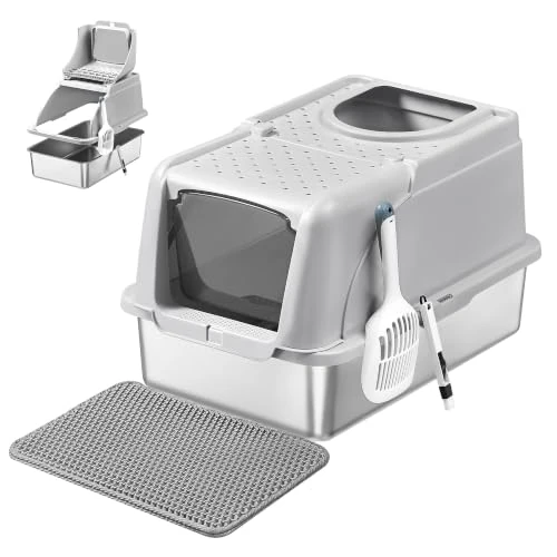 Oferta limitada: Feandrea Arenero para Gatos de Acero Inoxidable, Caja de Arena Cerrada con Tapa Abatible y Entrada Doble, Control de Olores, 61 x 40 x 36,5 cm, Gris, Colección Boxal PPT005G201 de 49.99 € a 49.99 € (ahorro 0.00%)