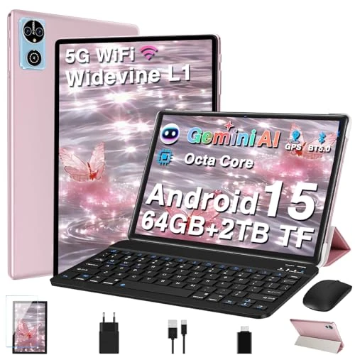 Offerta a tempo: Tablet 10 Pollici Android 15 Tablets con Gemini AI, 64GB+2TB TF, GMS, Tablets 5G+2.4G WIFI,Octa-Core 2.0GHz, Face ID,Widevine L1 FHD,BT5.0,Type-C,8+5MP, GPS,Tablet 3 in 1 con Tastiera e Mouse,Oro rosa - 41% da 169.99 € a 99.99 €
