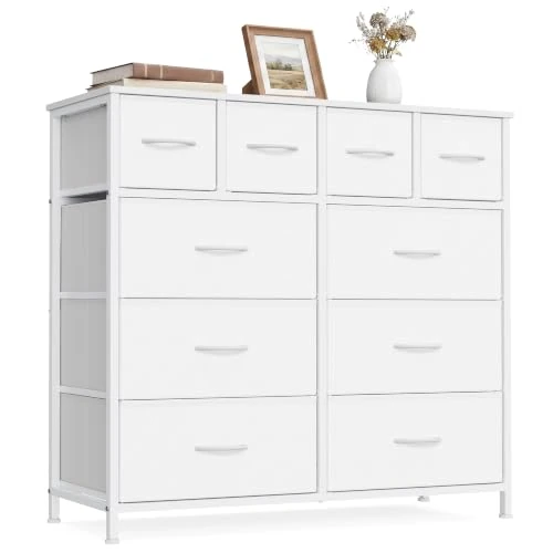 Offerta a tempo: SONGMICS Cassettiera con 10 Cassetti in Tessuto, Mobiletto Organizer, Struttura in Acciaio, per Camera da Letto, Soggiorno, 98,7 x 30 x 96,2 cm, Bianco Nuvola, Collezione BELLAH LGS236W101 - 20% da 67.99 € a 54.39 €