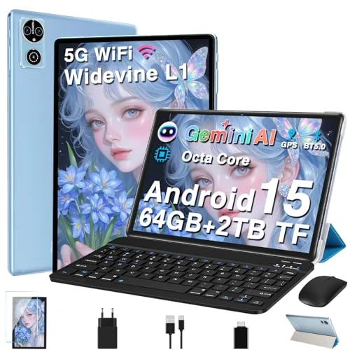 Offerta a tempo: Tablet 10 Pollici Android 15 Tablets con Gemini AI, 64GB+2TB TF, GMS, Tablets 5G+2.4G WIFI, Octa-Core 2.0GHz, Face ID,Widevine L1 FHD,BT5.0,Type-C,8MP+5MP, GPS ,Tablet 3 in 1 con Tastiera e Mouse, Blu - 41% da 169.99 € a 99.99 €