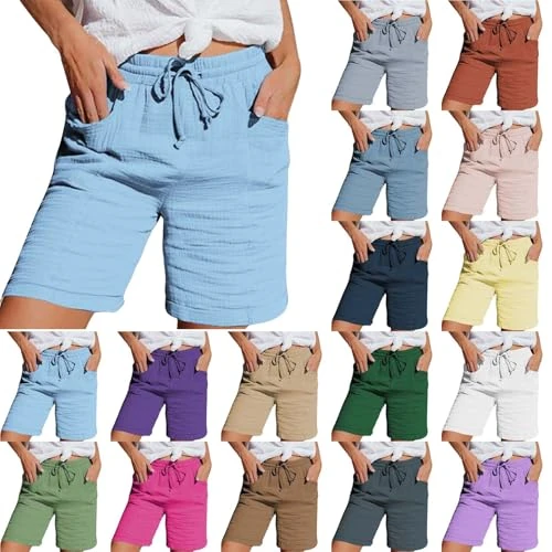 Offerta a tempo: szvbofueck Pantaloncini Bermuda Donna Estivi in Lino Cotone, Shorts Larghi con Coulisse E Tasche, Pantaloni Corti Traspiranti Tinta Unita, Comodi Casual per Mare, Vacanze, Gite E Svago Quotidiano - 0.00% da 23.98 € a 23.98 €
