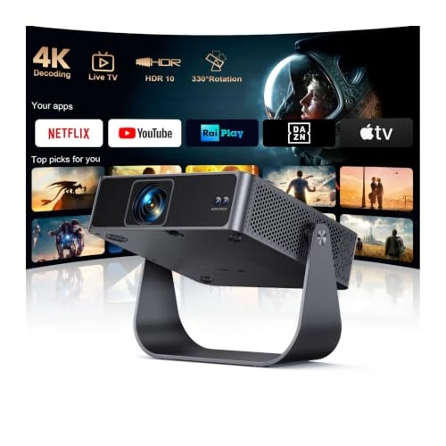Offerta a tempo: Proiettore Portatile【Smart TV & 1000+ Canali Live】Mini Proiettore 4K Smart TV Compatibile con Netflix, Rotazione 330°, Auto Focus WiFi Bluetooth, 1080P Nativo, Videoproiettore soffitto casa/campeggio - 39% da 309.99 € a 189.98 €