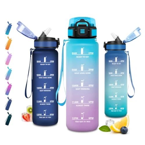 Tijdelijke aanbieding: JAPORIA Drinkfles, 1 liter, met rietje, geschikt voor koolzuurhoudende dranken, sportfles met tijdmarkeringen, motiverende fles voor wandelen, sport, fitness van 13.38 € naar 9.44 € (29.45% korting)