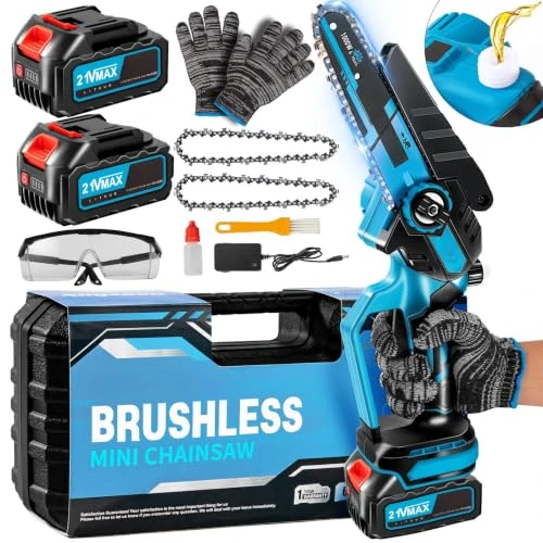 Oferta limitada: Mini Motosierra Bateria, 6 Pulgadas Motosierra Eléctrica Bateria con Baterías de 2*4000mAh, Motor Sin Escobillas de 1000W y Bomba,Sierra de Motosierra.de Mano para Podar Árboles de Jardinería y Madera de 69.99 € a 49.99 € (ahorro 29%)
