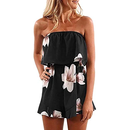 Offerta a tempo: Jumpsuit Donna Estiva Elegant Tuta Corta Bandeau Senza Maniche Stampa Floreale Salopette Elastica Vita Alta Playsuit Donne Estate Shorts a Gamba Larga Monopezzo Copricostume Spiaggia Abito Vacanza - 0.00% da 19.99 € a 19.99 €