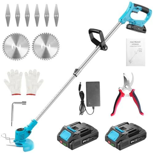 Limited-time offer: Grass Trimmer with Battery 21 V, Brush Cutter with 2 Batteries 2.0 Ah, 2 Types of Metal Blades Battery Grass Trimmer, Garden Shears, Adjustable Handle for Lawn Garden Pruning, Blue (Blue) from 74.65 £ to 74.65 £ (save 0.00%)