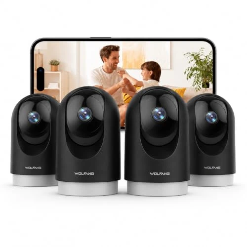 Oferta limitada: WOLFANG Cámara Vigilancia Interior 2K, Cámara Vigilancia Domicilio WiFi 360° PTZ con Seguimiento, Vision Nocturna y Audio Bidireccional, Cámara Vigilancia Perros, Compatible Alexa, Pack de 4 de 59.99 € a 59.99 € (ahorro 0.00%)