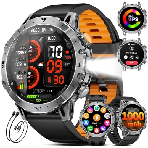 Offerta a tempo: LIGE Smartwatch Uomo con 1000mAh/Torcia LED,Chiamata Bluetooth,1.7" Smart Watch Militare con 110+ Modalità Sportive,Impermeabile,Frequenza Cardiaca, Android iOS,3 Braccialetti+2 Caricabatterie,EF18-E - 25% da 65.99 € a 49.49 €