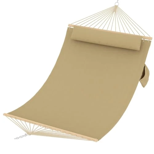 Offerta a tempo: Amaca Matrimoniale da Giardino Imbottita con Barre in Legno e Cuscino, Portata 204kg, 200x140cm, Amaca Doppia per Esterno, Interno, Terrazza e Campeggio, Marrone - 38.24% da 82.69 € a 51.07 €