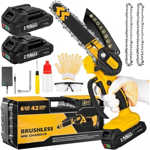 Brushless Mini Motosega a Batteria, Motosega Elettrica a Batteria,6 Pollici Motosega Elettrica, sega elettrica per potatura,2 Batteria Ricaricabile, con Blocco di Sicurezza, per il Taglio del Legno