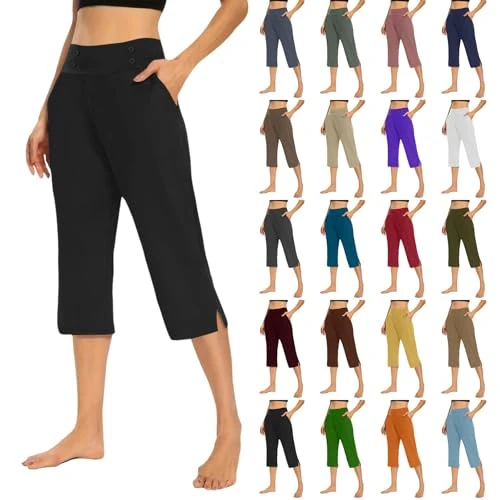 Offerta a tempo: Generico Pantaloni Capri Donna 3/4 Vita Alta Gamba Larga con Tasche, Pantaloni Yoga Estivi Elasticizzati Traspiranti Asciugatura Rapida, Wide Leg Casual per Ufficio Palestra Jogging Viaggio S-5Xl - 0.00% da 23.98 € a 23.98 €
