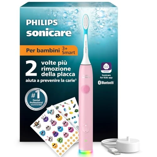 Offerta a tempo: Philips Sonicare for Kids spazzolino elettrico sonico smart - con app, dai 3 anni in su, 2 modalità delicate, timer da 2 minuti con luci e suoni, 2 testine (standard e mini), rosa, HX6600/11 - 42% da 64.99 € a 37.99 €