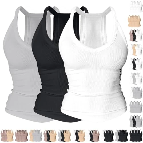 Offerta a tempo: Generico Confezione da 3 Pezzi - Canotta Donna Scollo A V Racerback, Canottiera A Costine Imbottita Lunga, Tank Top Slim Fit Aderente Senza Maniche, Maglietta Allenamento Palestra Yoga Basic Estiva - 0.00% da 39.98 € a 39.98 €
