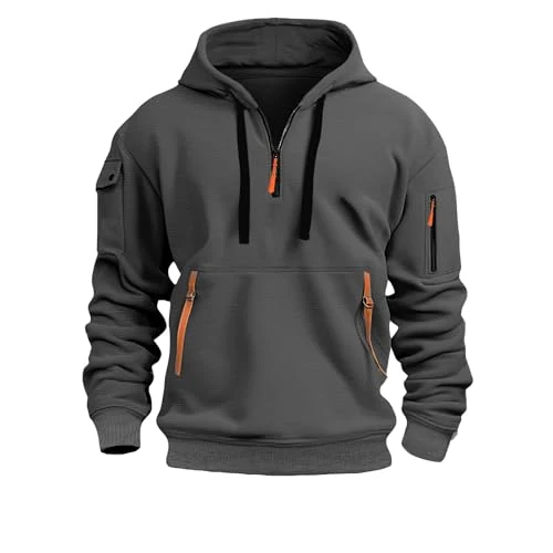 Herren-Sweatshirt mit Kapuze und Kordelzug, kurzer Reißverschluss und Reißverschlusstaschen, lange Ärmel, lockere Passform, lässig, sportlich, warm, für Herbst und Winter, 01 Grey, 70