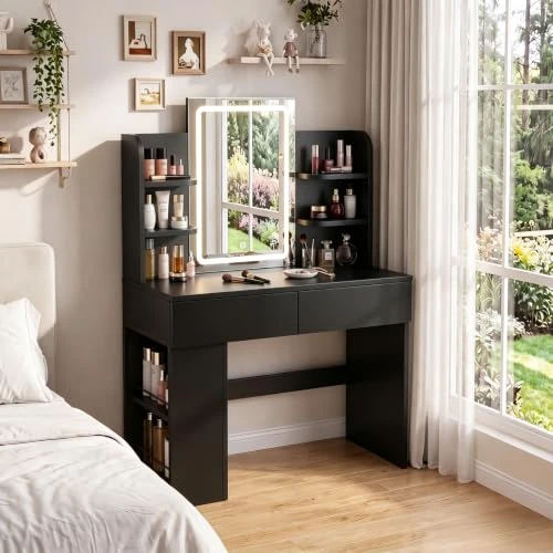 Offerta a tempo: JUMMICO Toeletta con Specchio LED, Luminosità Regolabile, Tavolo da Trucco 90 cm con 2 Grandi Cassetti, 6 Ripiani Aperti, Vano Laterale, Mobile per Camera da Letto (Nero, LED Lighting) - 5% da 98.59 € a 93.66 €