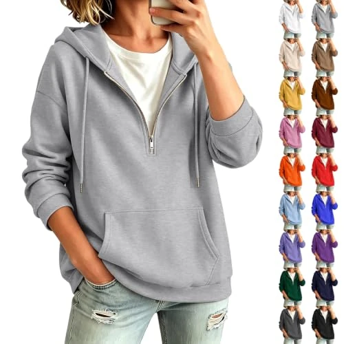 Offerta a tempo: Generico Felpa Donna con Cappuccio Mezza Zip Oversize Grigio Chiaro L - 0.00% da 21.96 € a 21.96 €