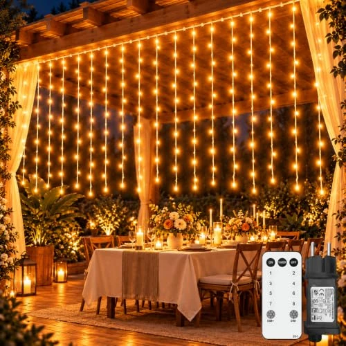 Offerta a tempo: Tenda luminosa a LED per esterni, 3 x 1 m, 150 LED, con timer | Con spina, telecomando, timer e 8 modalità, impermeabile, per finestre, balcone e Natale (bianco caldo) - 0.00% da 22.99 € a 22.99 €