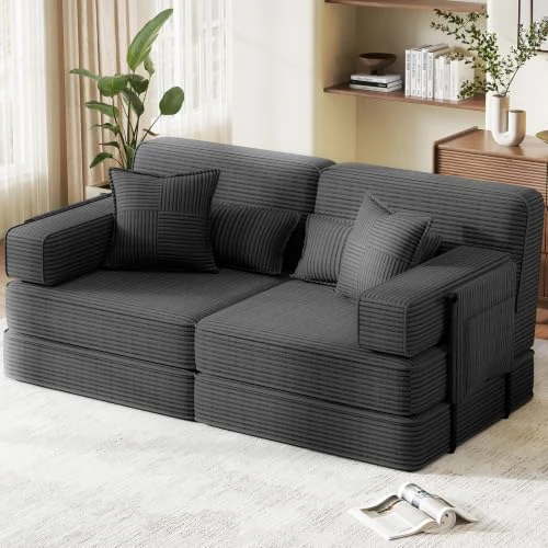 Offre limitée : Luxstein Canapé-lit modulaire de 190 cm de large avec dossier haut, canapé modulaire 2 places en velours côtelé, canapé pliant 5 en 1 avec fonction de couchage pour lit d'appoint, gris de 179.99 € à 179.99 € (0.00% de remise)