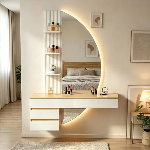 Offerta a tempo: TRIUMPHKEY Tavolo da Trucco Sospeso con Luci LED e Specchio HD Dimmerabile, Moderno Comò da Camera da Letto con Ampio Spazio di Archiviazione, Toeletta Salvaspazio da Parete (Bianco) - 5% da 199.99 € a 189.99 €