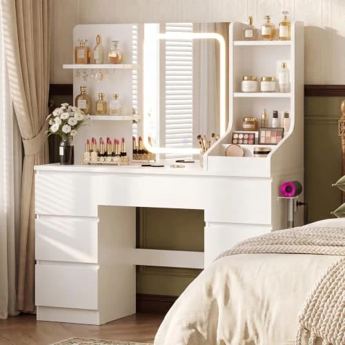 Offerta a tempo: JUMMICO Toeletta da Trucco con Specchio LED Regolabile – Postazione Trucco Moderna con 7 Cassetti e 4 Ripiani, Ampio Rangement per Camera da Letto (Bianco, LED Lighting + Presa) - 5% da 149.99 € a 141.99 €