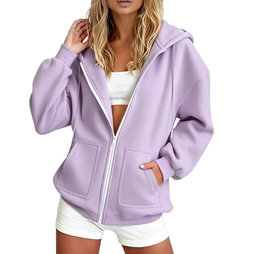 Offerta a tempo: Sobzia Felpe Donna,Felpa Donna con Zip e Cappuccio Leggera Oversize Felpe Pile Manica Lunga Comode Giacca Autunno Invernale Hoodie per Sportiva Casual in Stile College Viola 3XL - 0.00% da 23.98 € a 23.98 €