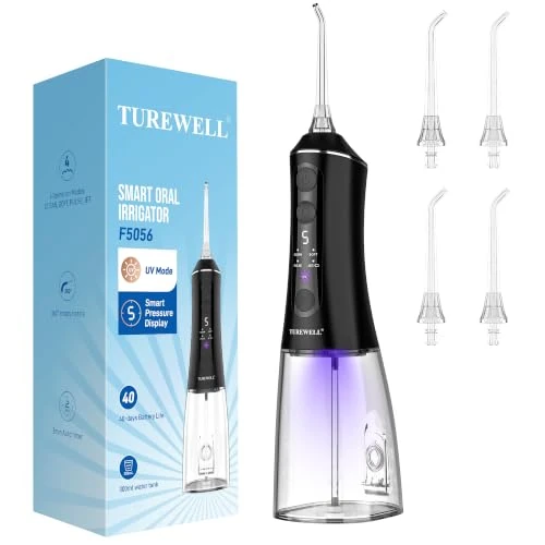 Oferta limitada: TUREWELL Irrigador Dental Bucal Portatil con Función UV para dientes | Depósito UVC 2 en 1, ajuste de 5 niveles, impermeable IPX7, batería hasta 40 días, depósito de 300 ml de 39.99 € a 25.72 € (ahorro 36%)