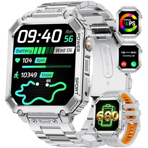 Offre limitée : Montre Connectée Homme Militaire, 2.01" Sport Smartwatch Homme avec Appels Bluetooth, 100+ Modes Sportifs, IP68 Étanche, Sommeil/Fréquence Cardiaque, Fitness Tracker pour Android iOS,2 Bracelets,EF2-M de 44.09 € à 44.09 € (0.00% de remise)
