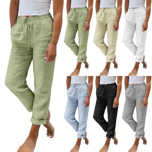 Offerta a tempo: Generico Pantaloni Capri 7/8 Donna Estivi 2026 in Misto Cotone Lino, Vita Alta con Coulisse Elastica, Gamba Dritta Leggeri, Tasche Laterali, Ideali per Uscite Casual Quotidiane, Spiaggia, Lavoro - 0.00% da 23.98 € a 23.98 €