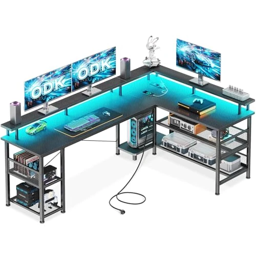 Tijdelijke aanbieding: ODK L-vormig Gamingbureau met LED, 168x120cm, Zwart Carbon van 179.99 € naar 179.99 € (0.00% korting)
