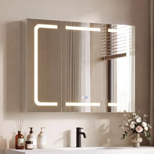 Offre limitée : TRIUMPHKEY Armoire de Toilette avec Éclairage, Design Pliant 3 Panneaux, LED Dimmable, Charnières à Fermeture Douce, Anti-Buée, Prises Intégrées & USB, 5 Niveaux de Rangement (80 x 60 cm) de 149.99 € à 149.99 € (0.0% de remise)
