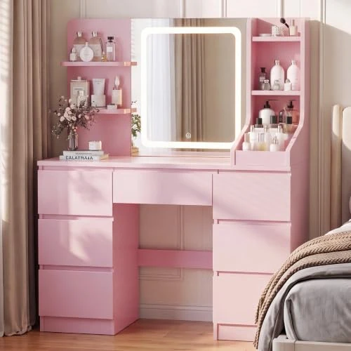 Offerta a tempo: JUMMICO Toeletta da Trucco con Specchio LED Regolabile – Postazione Trucco Moderna con 7 Cassetti e 4 Ripiani, Ampio Rangement per Camera da Letto (Rose, LED Lighting) - 5% da 149.99 € a 141.99 €