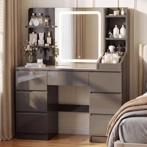 Offerta a tempo: JUMMICO Toeletta da Trucco con Specchio LED Regolabile – Postazione Trucco Moderna con 7 Cassetti e 4 Ripiani, Ampio Rangement per Camera da Letto (Grigio Lucido, LED Lighting) - 0.00% da 169.99 € a 169.99 €