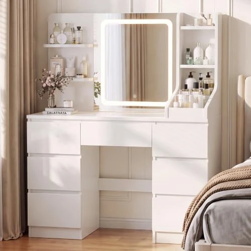 Offerta a tempo: JUMMICO Toeletta da Trucco con Specchio LED Regolabile – Postazione Trucco Moderna con 7 Cassetti e 4 Ripiani, Ampio Rangement per Camera da Letto (Bianco, LED Lighting) - 0.00% da 139.99 € a 139.99 €
