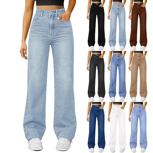 Offerta a tempo: Fccrian Jeans Donna Vita Alta Pantaloni Denim Baggy Larga Gamba Vintage retrò Y2K Streetwear Hip Hop Tinta Unita Wide Leg Jeans Chiusura Bottoni Gamba Dritta Pants Comodi Pantaloni Eleganti - 0.00% da 22.99 € a 22.99 €