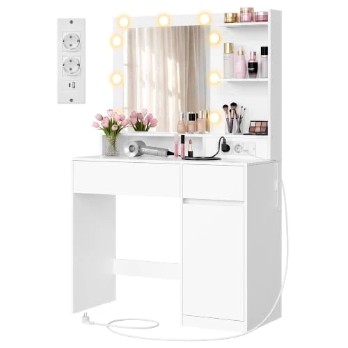 Zeitlich begrenztes Angebot: VASAGLE Kailyn Kollektion - Schminktisch mit Spiegel und LED-Leuchten, Steckdosenleiste, 9 Schubladen, 9 dimmbare Glühbirnen, 3 Lichtfarben, werkzeuglose Gleitschienen, mattweiß RDT242WB01 von 99.99 € auf 84.99 € (15% Rabatt)
