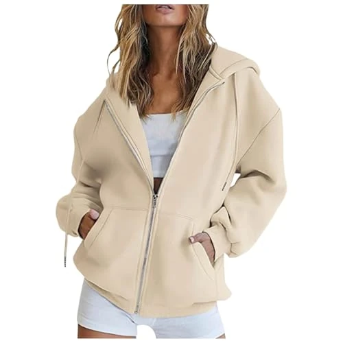 Damen-Sweatshirt mit Reißverschluss und Kapuze, Sportjacke, leichte Jacke, Hoodie, Herbst, Winter, langärmlig, Baumwolle, offenes Sweatshirt mit Taschen, klassisch, einfarbig, für Fitness, Jogging