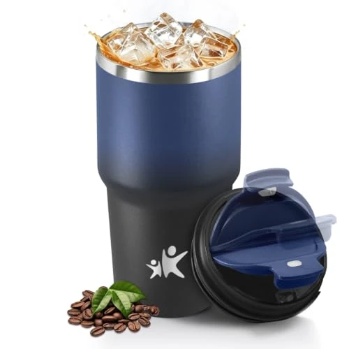 Zeitlich begrenztes Angebot: Thermobecher 600 ml, Wiederverwendbar, Edelstahl Kaffeebecher-to-go Thermo, Auslaufsicher, Doppelwandiger Trinkbecher, Isolierbecher, Travel Mug für Heißen Kaffee, Tee, Dunkelblau & Schwarz von 12.99 € auf 12.99 € (0.00% Rabat