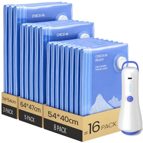 Offre limitée : Raplink Sac sous Vide Vetement Aspirateur avec Pompe Électrique, 16 Sac de Rangement sous Vide (3 * 74x54cm, 5 * 64x47cm, 8 * 54x40cm), Sac sous Vide Voyage, Déménagement, Rangement de 34.99 € à 26.59 € (24% de remise)