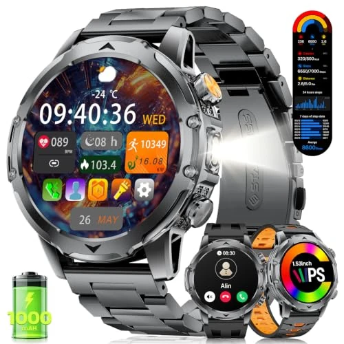 Offerta a tempo: 1,53"Smartwatch Uomo, 1000 mAh, Compatibile con Android e iOS, Nero Orange | Chiamate Bluetooth/LED Torcia/IP68 Impermeabile, 120+ Modalità Sportive, Monitoraggio della Frequenza Cardiaca e del Sonno - 46% da 79.99 € a 43.31 €