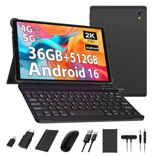 Offerta a tempo: DOFACESH 2K Android 16 Tablet 10.68 Pollici, 36GB RAM+512GB ROM (2TB TF), 4G LTE+5G WiFi, Octa-Core, 2000 * 1200FHD, 8000mAh, 13MP+8MP, GPS, Tablet in offerta con tastiera ect (Nero) - 16% da 149.98 € a 126.33 €