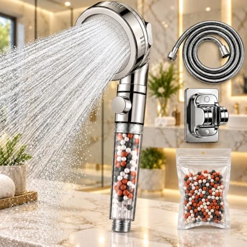 Offerta a tempo: Soffione Doccia con Filtro Integrato, 3 Modalità di Getto e Pulsante Stop, Doccetta Alta Pressione con Microfori, Tubo 1,5 m, Supporto da Parete e Ricarica Filtrante, Attacco Universale 1/2” - 30% da 19.99 € a 13.99 €