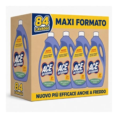 Offerta a tempo: ACE Detersivo Igienizzante Talco & Muschio Bianco – Detersivo Liquido Lavatrice con Fragranza Avvolgente, Rimuove Sporco e Batteri, Pulizia Profonda, Freschezza Duratura, 84 lavaggi - 25% da 16.00 € a 12.00 €