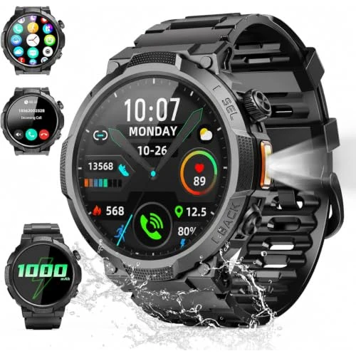 Offerta a tempo: Smartwatch Uomo Militare, Orologio Smartwatch 1.43" con Chiamate Bluetooth, 100+ Modalità Sportive, Batteria 1000 mAh, Monitoraggio Sonno e Cardiofrequenzimetro, Torcia e Bussola per IOS/Android - 62% da 99.99 € a 37.99 €