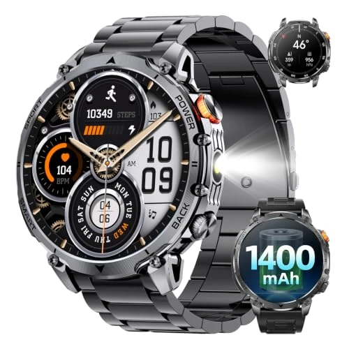 Offerta a tempo: Smartwatch Uomo Militare, 1400mAh, 1.7"Orologio intelligente , 2 Cinturini - 50% da 129.99 € a 64.98 €
